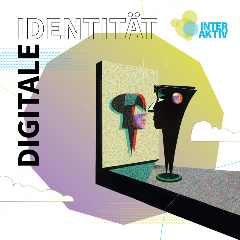 Ein grafisches Plakat für die Veranstaltung "INTERAKTIV" zum Thema "Digitale Identität". Es zeigt eine abstrakte Figur, die in einen Bildschirm schaut und darin ein verändertes, digitales Spiegelbild von sich sieht.